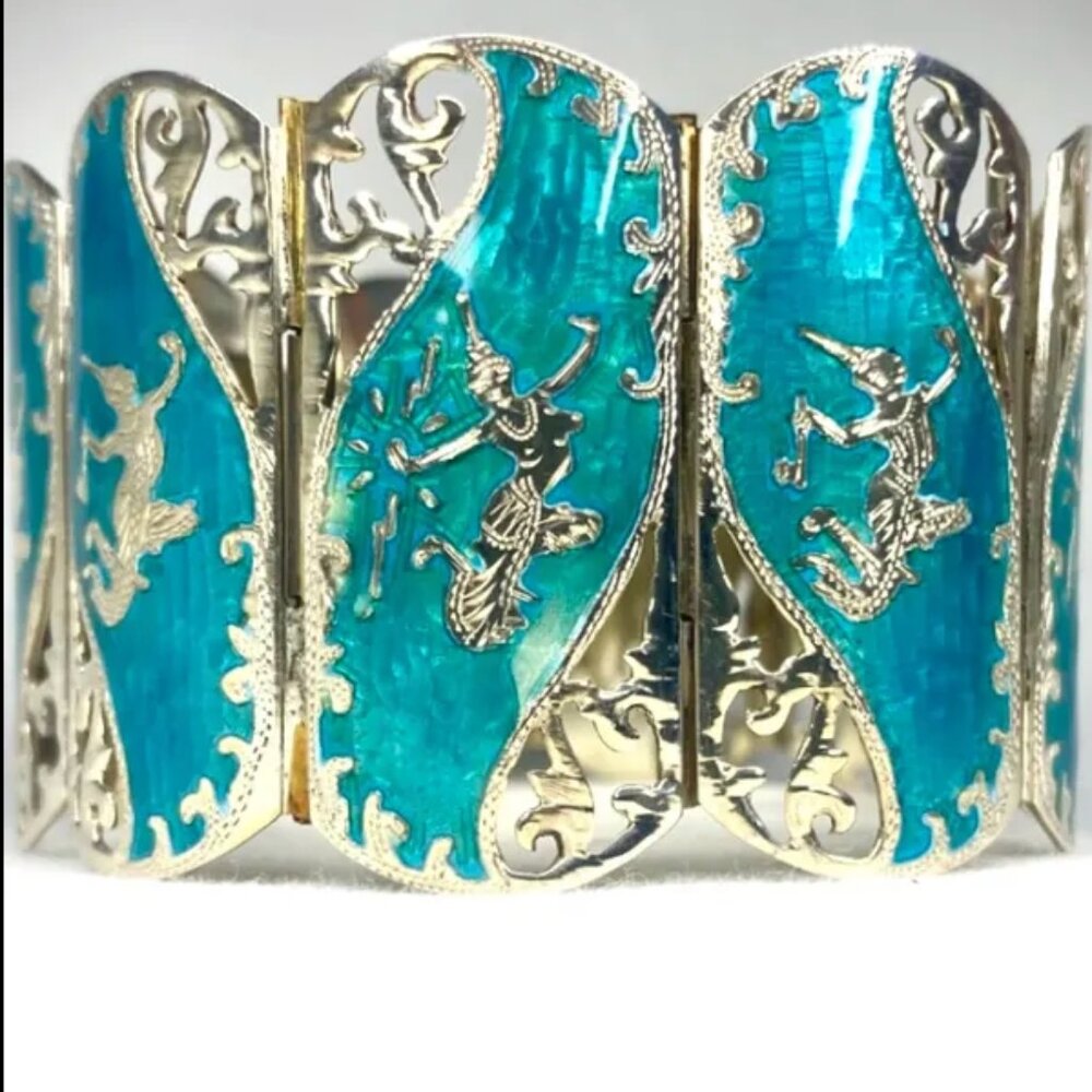 Sterling Silver Siam, Blue Enamel Bracelet, Ramasura / Mekkala, Panel Link